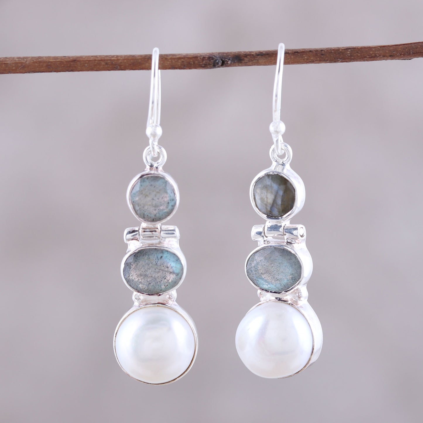 Dance in the Clouds Labradorite and Cultured Pearl Dangle Earrings from India