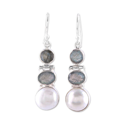 Dance in the Clouds Labradorite and Cultured Pearl Dangle Earrings from India