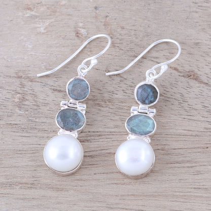 Dance in the Clouds Labradorite and Cultured Pearl Dangle Earrings from India