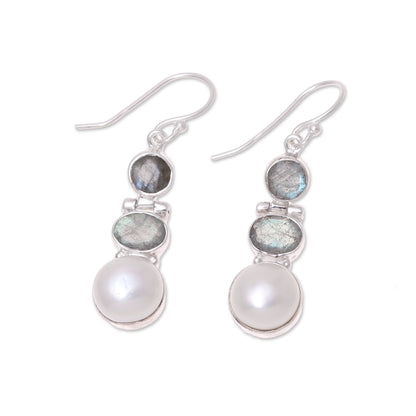 Dance in the Clouds Labradorite and Cultured Pearl Dangle Earrings from India