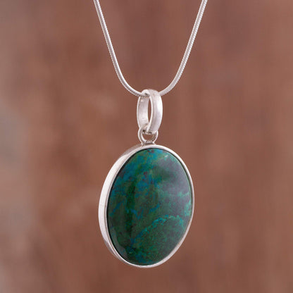 Lovely Lagoon Oval Chrysocolla Set in Sterling Silver Pendant Necklace