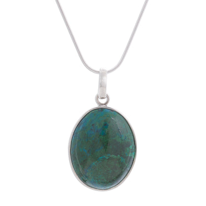 Lovely Lagoon Oval Chrysocolla Set in Sterling Silver Pendant Necklace