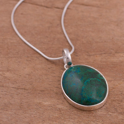 Lovely Lagoon Oval Chrysocolla Set in Sterling Silver Pendant Necklace