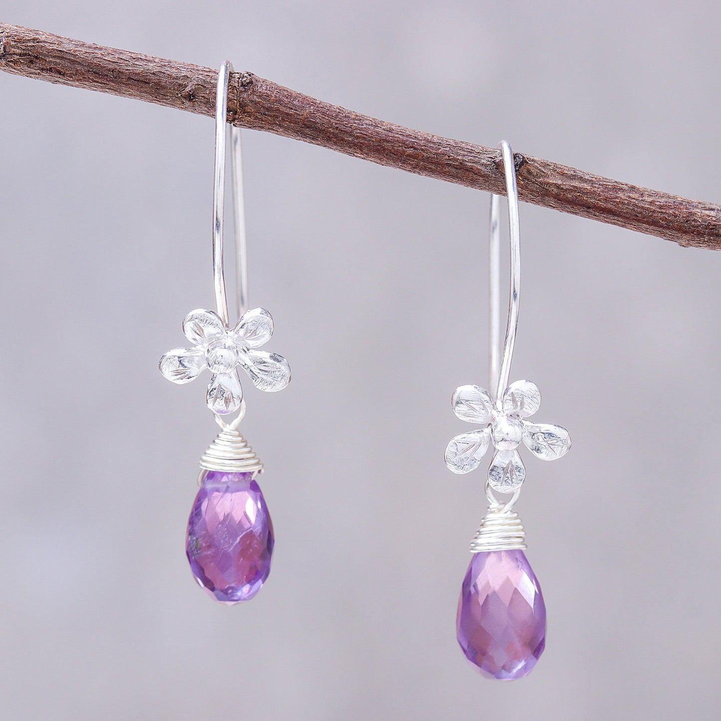 Daisy Glitter Floral Faceted Amethyst Dangle Earrings from Thailand