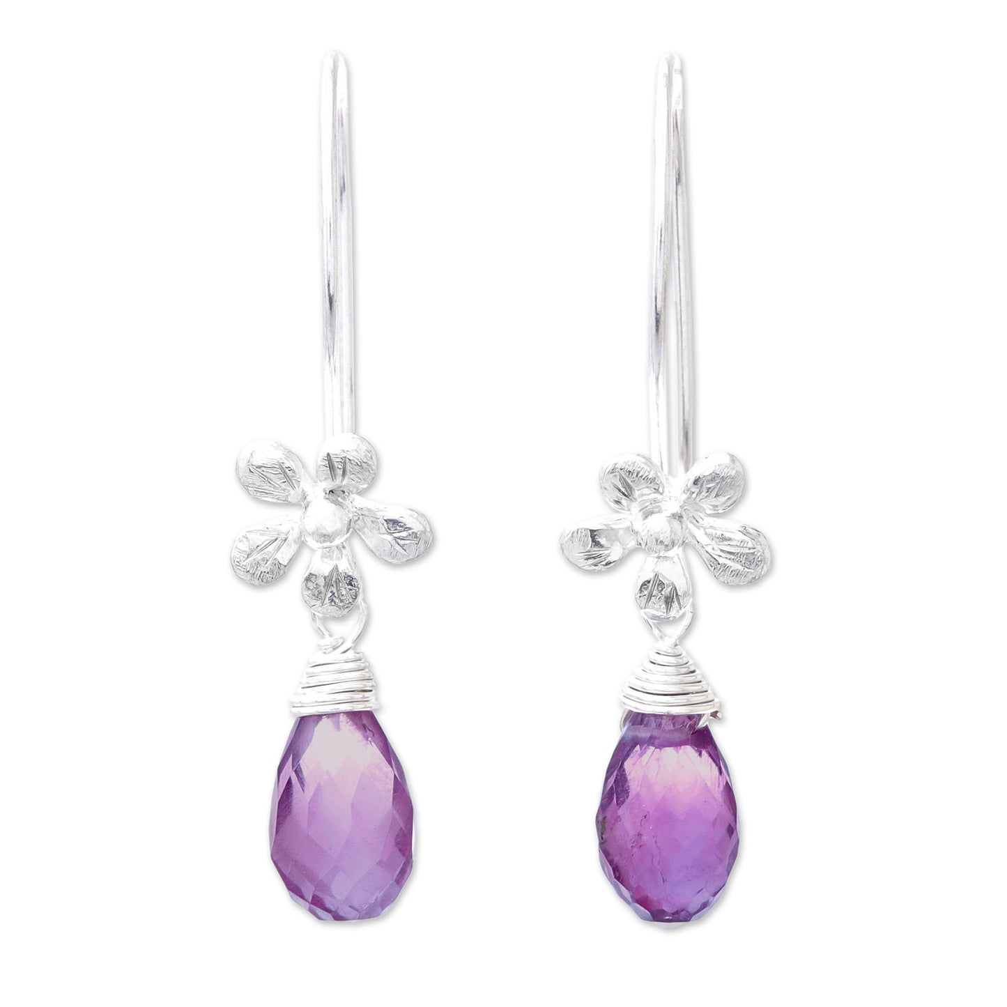 Daisy Glitter Floral Faceted Amethyst Dangle Earrings from Thailand