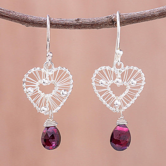 Web of Love Heart-Shaped Faceted Garnet Dangle Earrings from Thailand