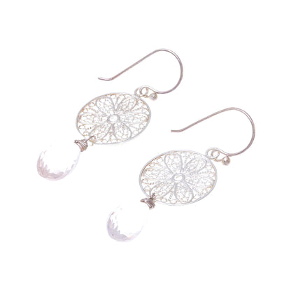 Glittering Web Web Motif Rose Quartz Dangle Earrings from Thailand