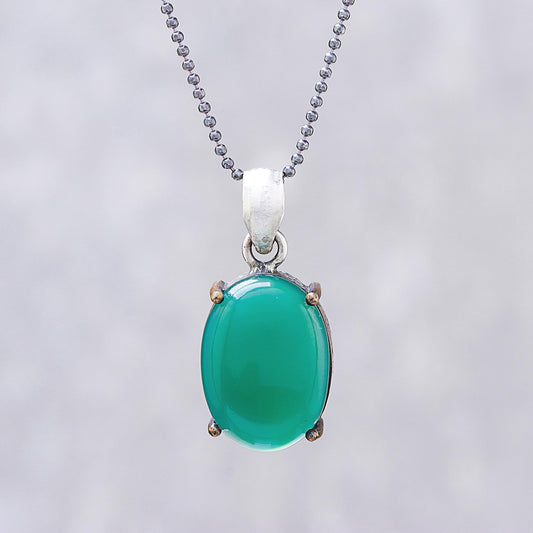 Shamrock Pool Green Onyx Oval and Sterling Silver Pendant Necklace