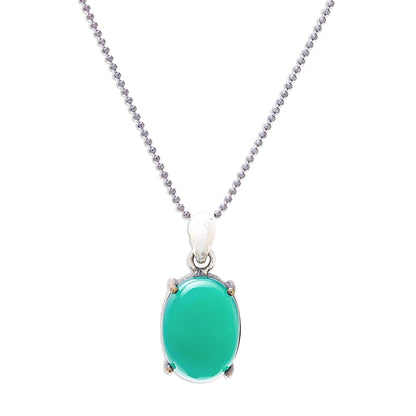 Shamrock Pool Green Onyx Oval and Sterling Silver Pendant Necklace