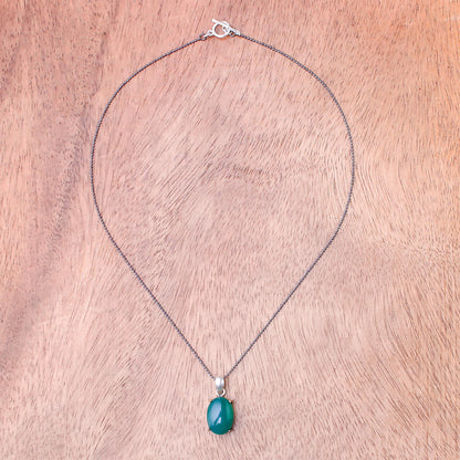 Shamrock Pool Green Onyx Oval and Sterling Silver Pendant Necklace