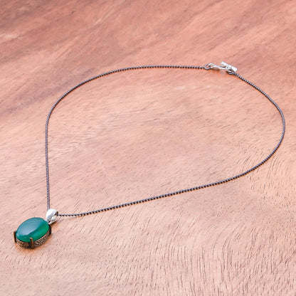 Shamrock Pool Green Onyx Oval and Sterling Silver Pendant Necklace