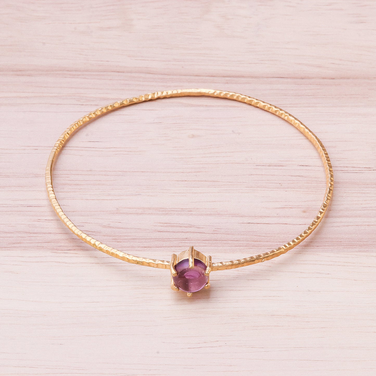 Twilight Star Amethyst and 18K Gold Plated Hammered Brass Bangle Bracelet