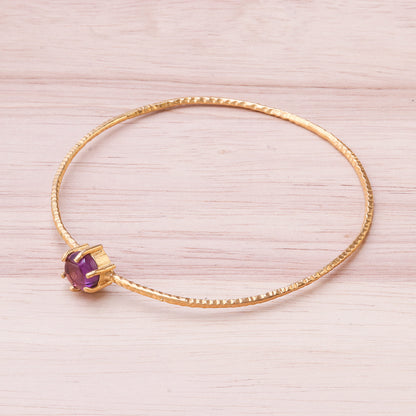 Twilight Star Amethyst and 18K Gold Plated Hammered Brass Bangle Bracelet