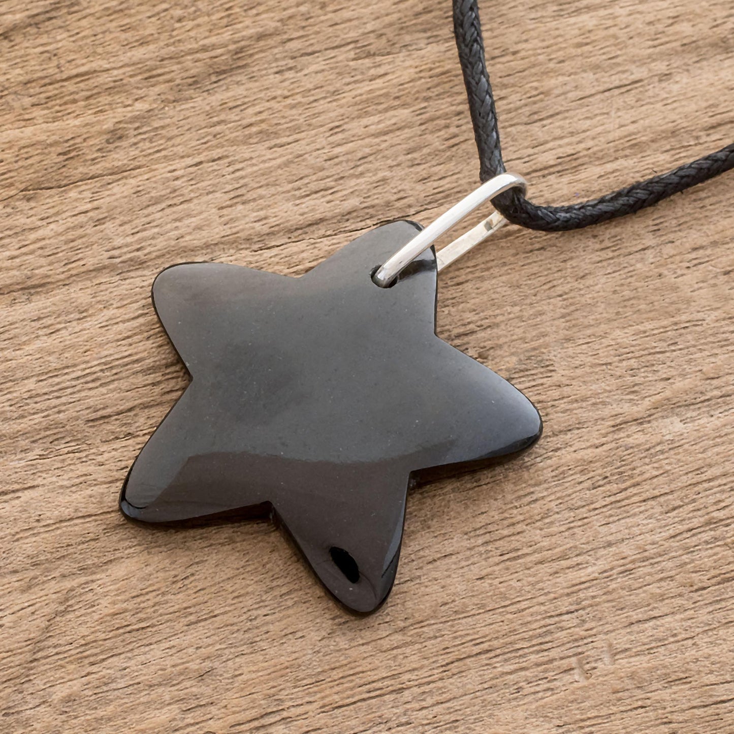 Dark Night Star Handcrafted Black Jade Star on Cotton Cord Pendant Necklace