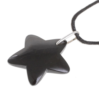 Dark Night Star Handcrafted Black Jade Star on Cotton Cord Pendant Necklace