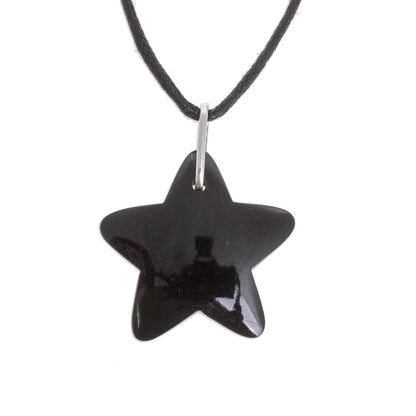 Dark Night Star Handcrafted Black Jade Star on Cotton Cord Pendant Necklace