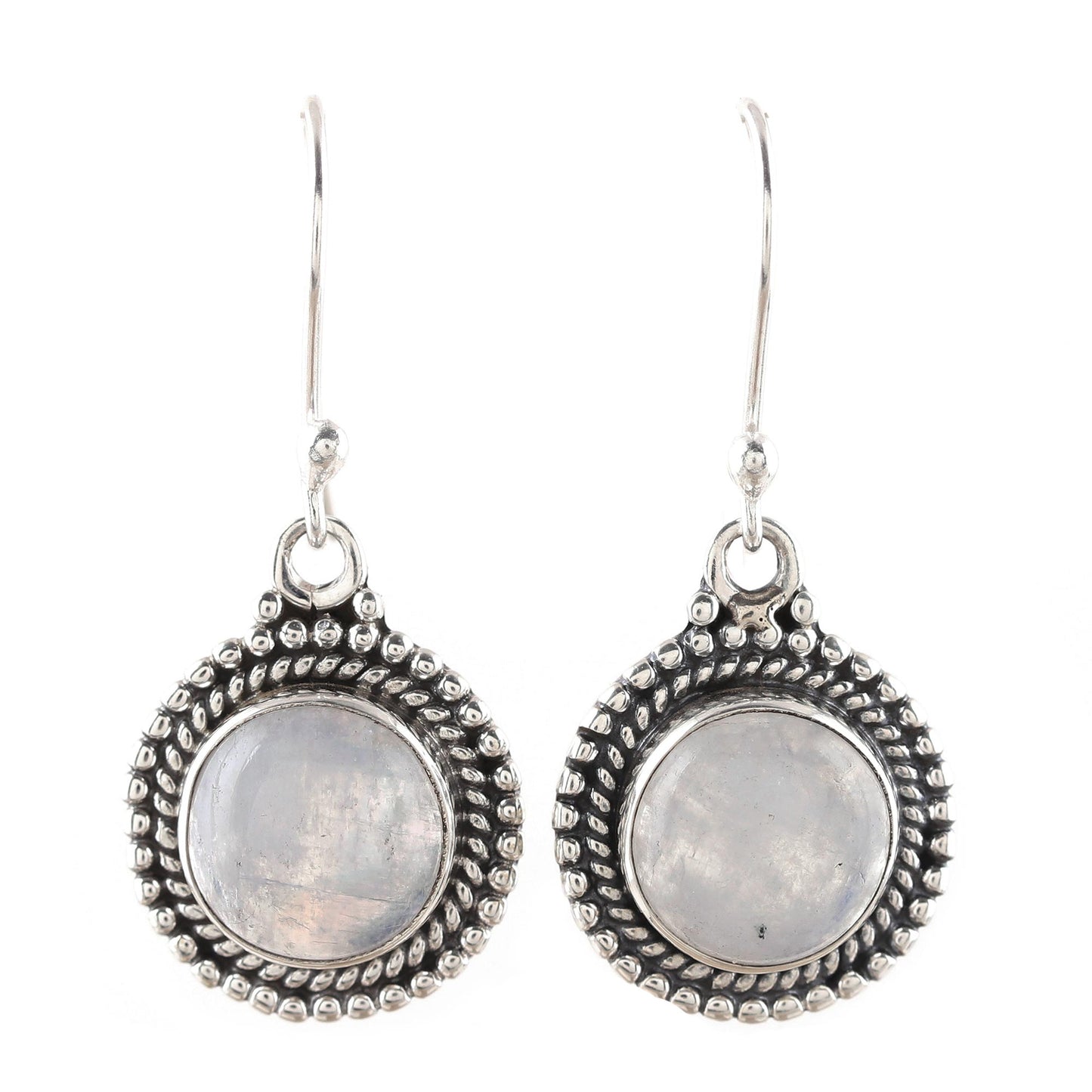 Moonlight Dots Round Rainbow Moonstone Dangle Earrings from India