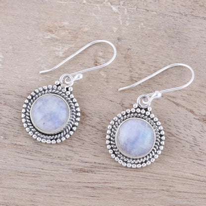 Moonlight Dots Round Rainbow Moonstone Dangle Earrings from India