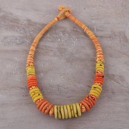 Boho Sunset Yellow and Orange Beaded Bone Necklace from India