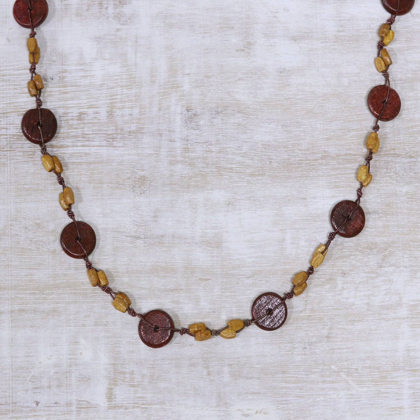 Creative Fusion in Brown Haldu Wood Beaded Long Necklace in Brown from India