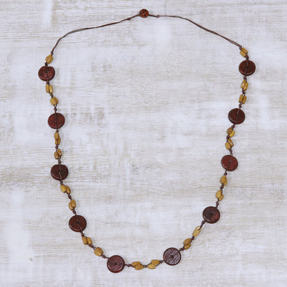 Creative Fusion in Brown Haldu Wood Beaded Long Necklace in Brown from India