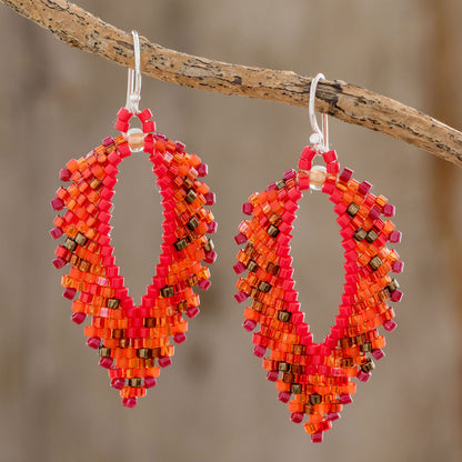 Burning Leaves Glass Beaded Dangle Earrings in Orange from El Salvador