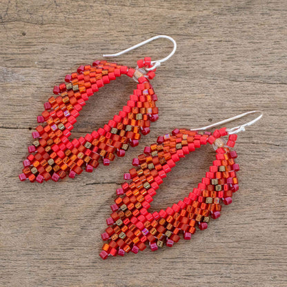 Burning Leaves Glass Beaded Dangle Earrings in Orange from El Salvador