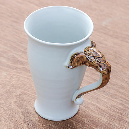 Elephant Handle in White Elephant-Themed Ceramic Mug in White from Thailand