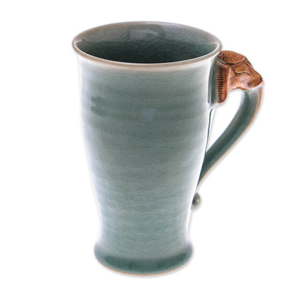 Elephant Handle in Green Elephant-Themed Celadon Ceramic Mug from Thailand