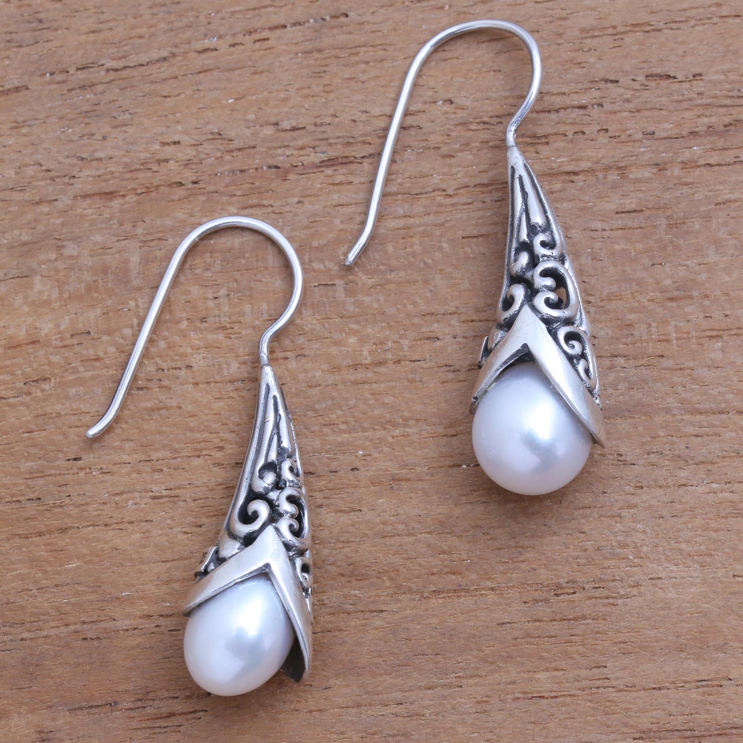 Emerging Beauty in White White Cultured Pearl Drop Earrings from Bali