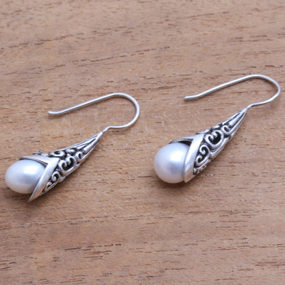 Emerging Beauty in White White Cultured Pearl Drop Earrings from Bali