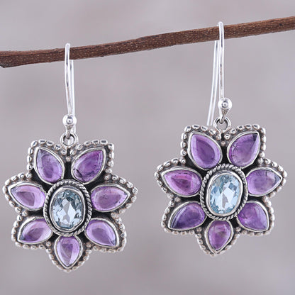 Chrysanthemum Blossoms Blue Topaz and Amethyst Dangle Earrings from India