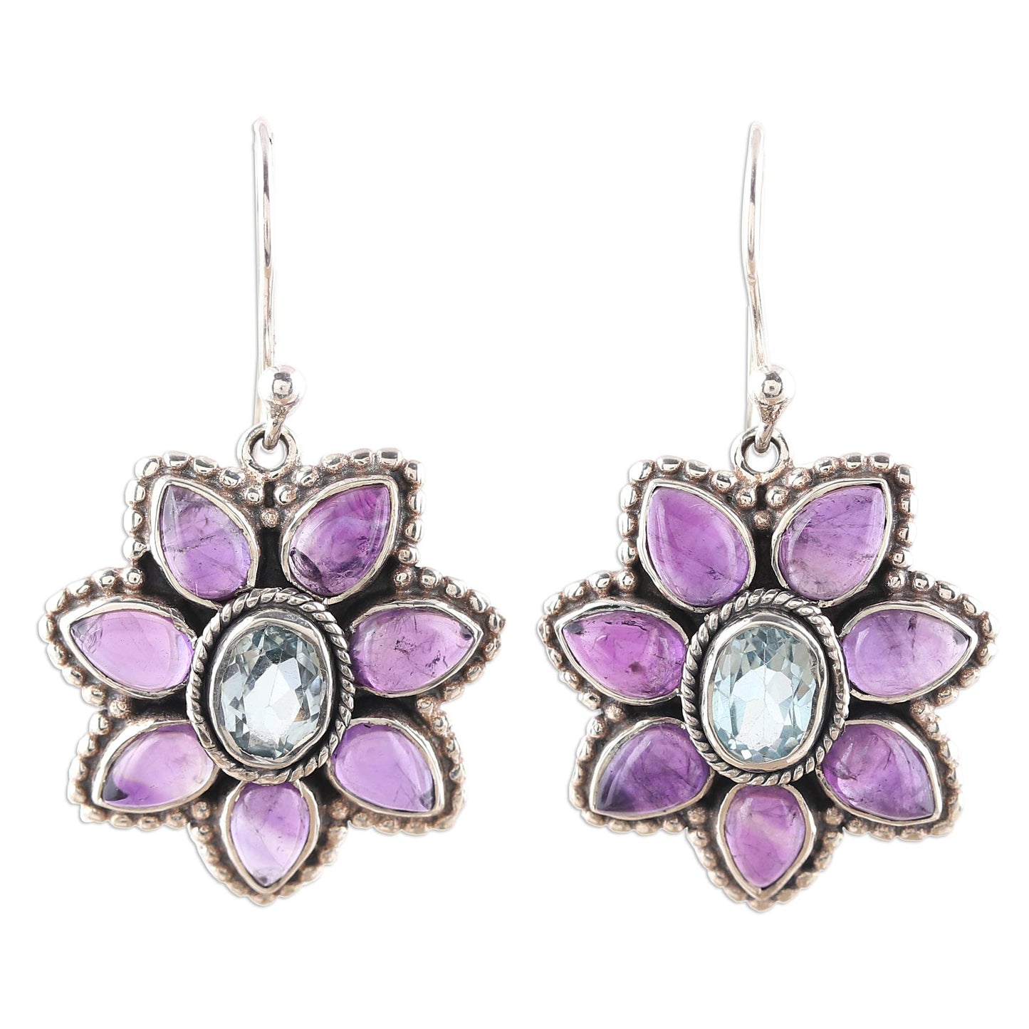 Chrysanthemum Blossoms Blue Topaz and Amethyst Dangle Earrings from India