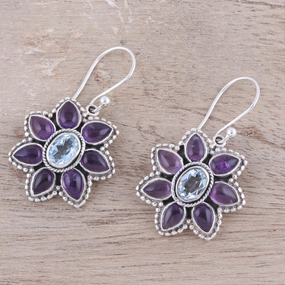 Chrysanthemum Blossoms Blue Topaz and Amethyst Dangle Earrings from India