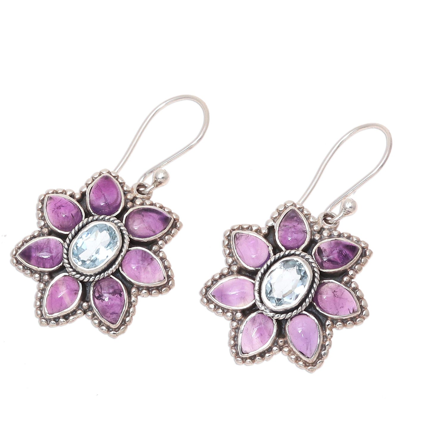 Chrysanthemum Blossoms Blue Topaz and Amethyst Dangle Earrings from India