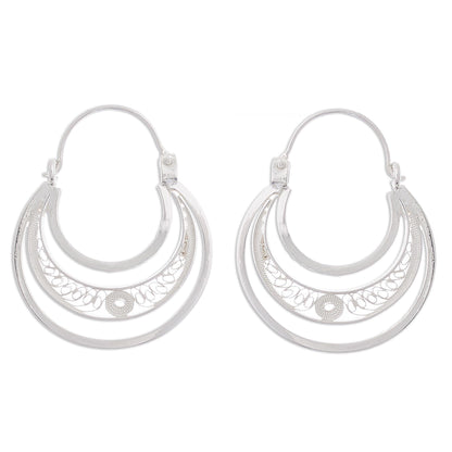 Artisanal Crescent Moons Sterling Silver Filigree Hoop Earrings from Peru