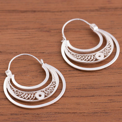 Artisanal Crescent Moons Sterling Silver Filigree Hoop Earrings from Peru