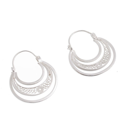 Artisanal Crescent Moons Sterling Silver Filigree Hoop Earrings from Peru