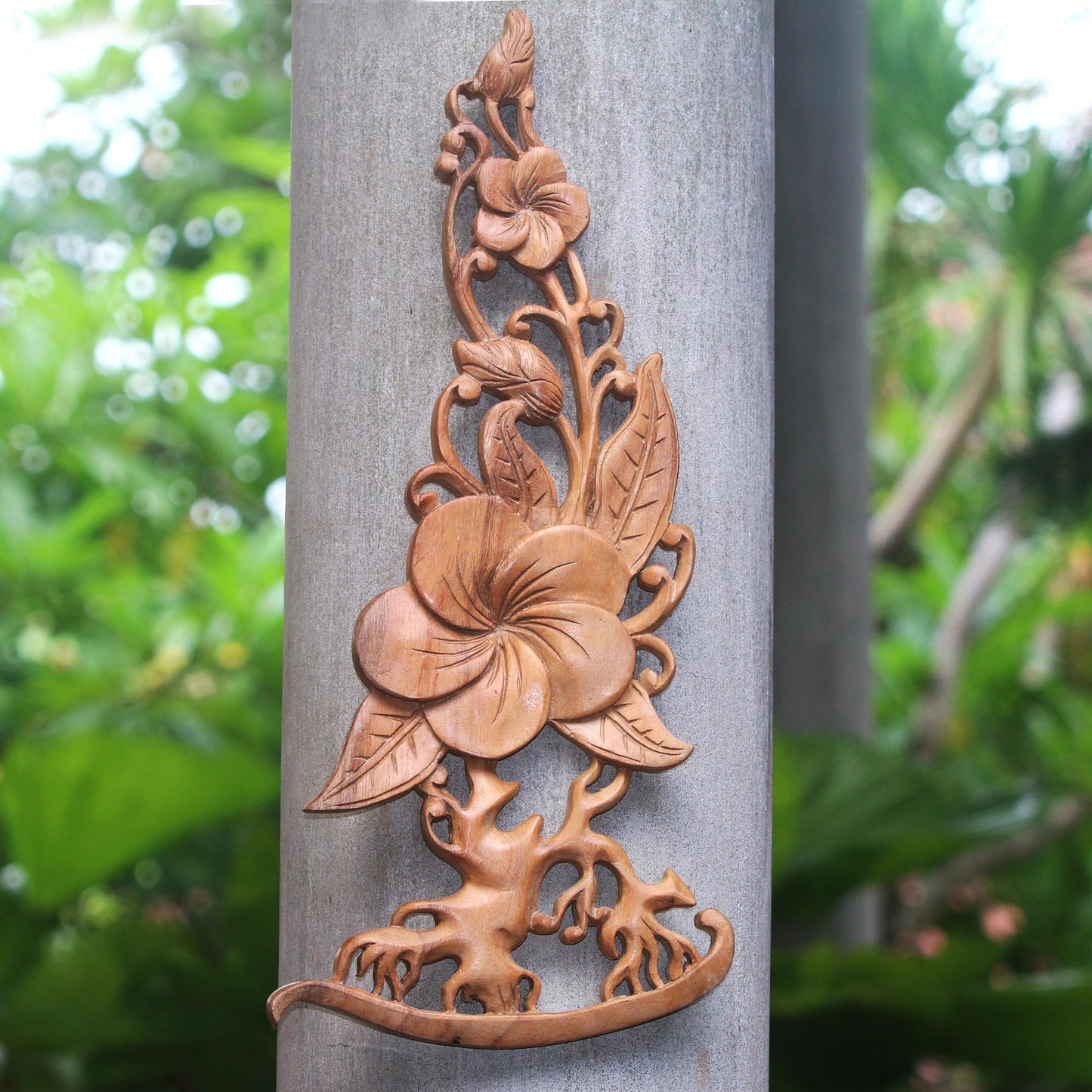 Majestic Jepun Frangipani Flower Suar Wood Relief Panel from Bali