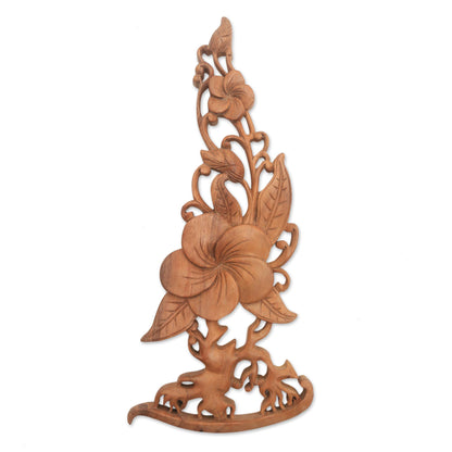 Majestic Jepun Frangipani Flower Suar Wood Relief Panel from Bali