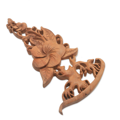 Majestic Jepun Frangipani Flower Suar Wood Relief Panel from Bali