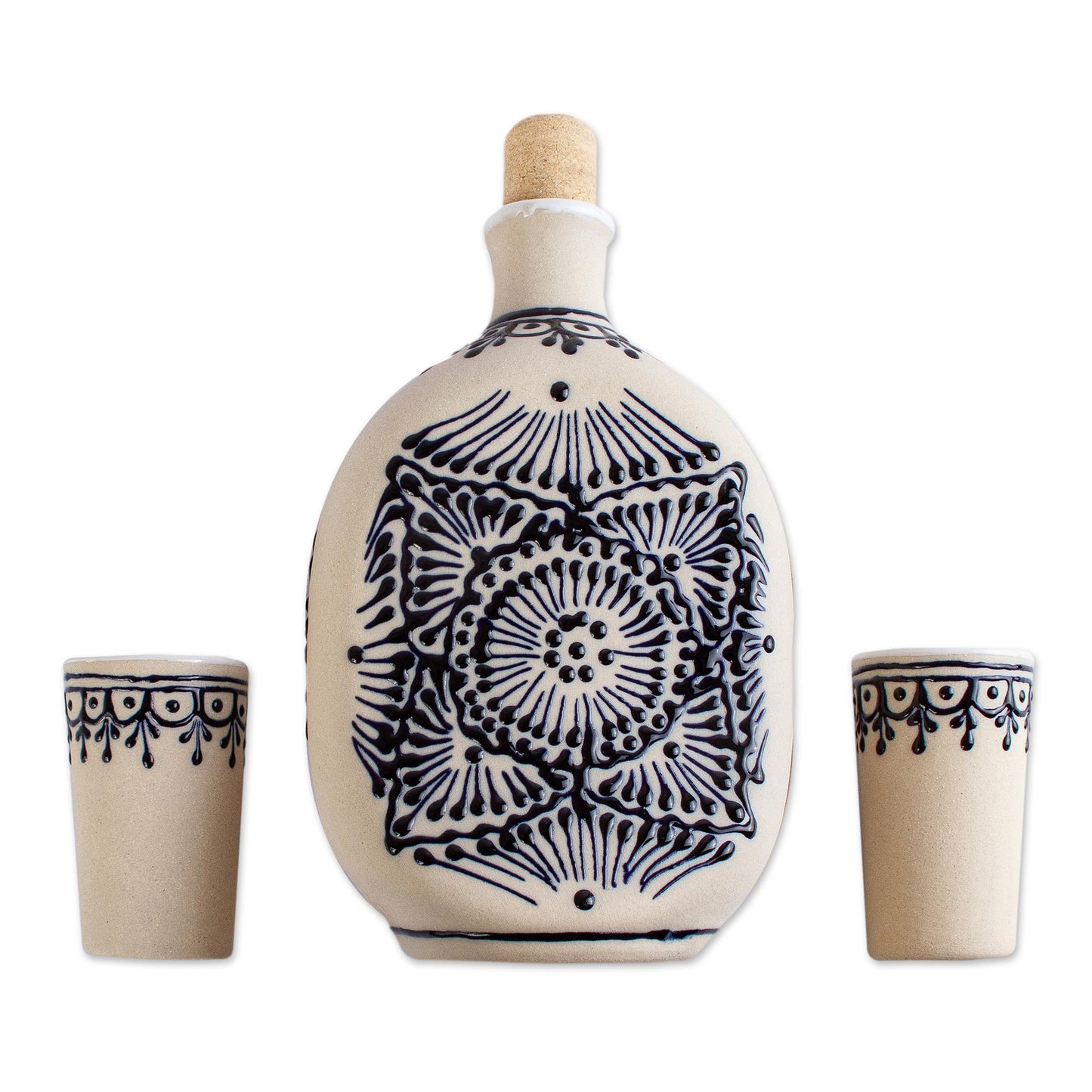 Traditional Spirit Beige Talavera Style Tequila Decanter and Glasses (Set of 3)