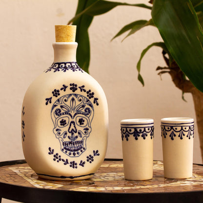 Traditional Spirit Beige Talavera Style Tequila Decanter and Glasses (Set of 3)