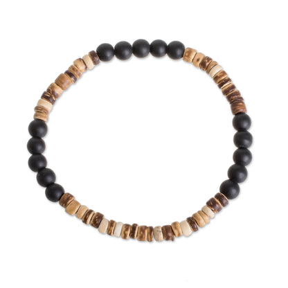 Earthen Force Onyx and Coconut Shell Beaded Stretch Bracelet