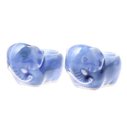 Elephant Sisters Blue Ceramic Elephant Egg Cups from Thailand (Pair)