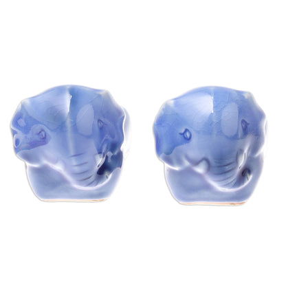 Elephant Sisters Blue Ceramic Elephant Egg Cups from Thailand (Pair)
