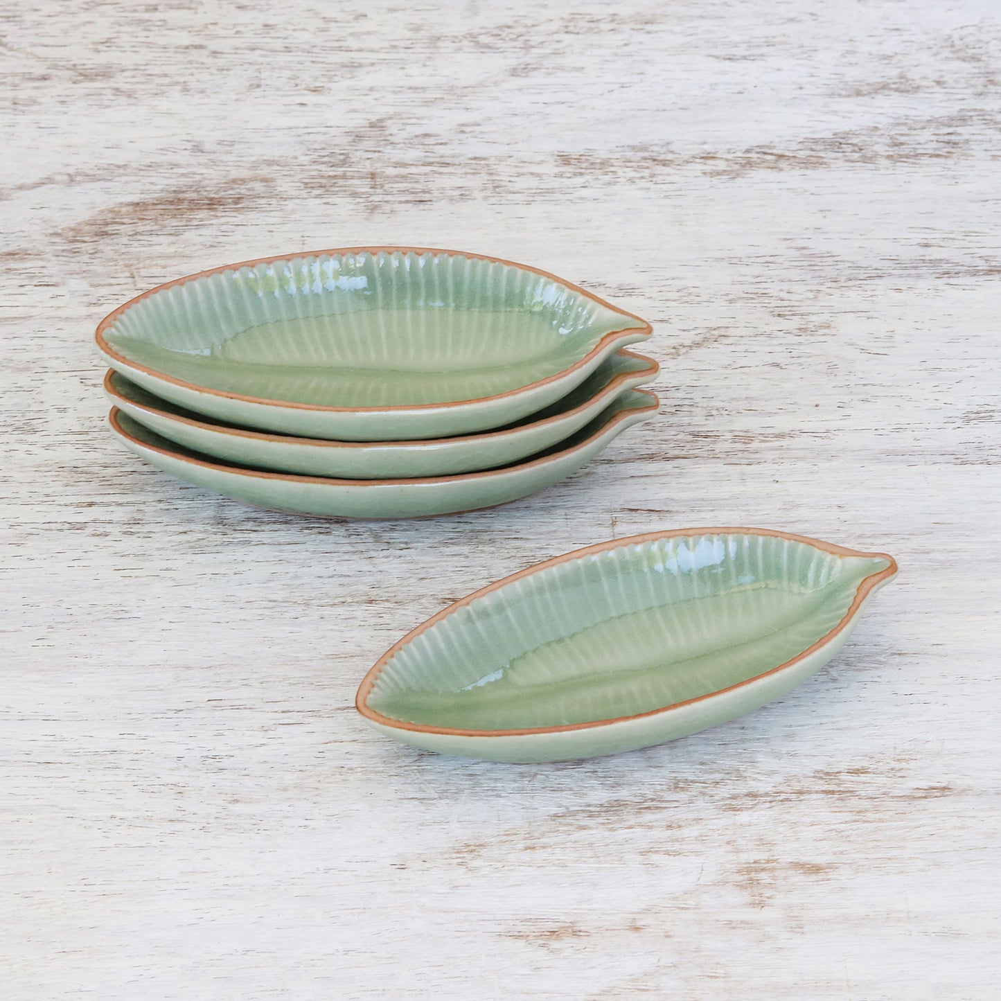 Festive Banana Leaf-Shaped Celadon Ceramic Appetizer Bowls (Set of 4)