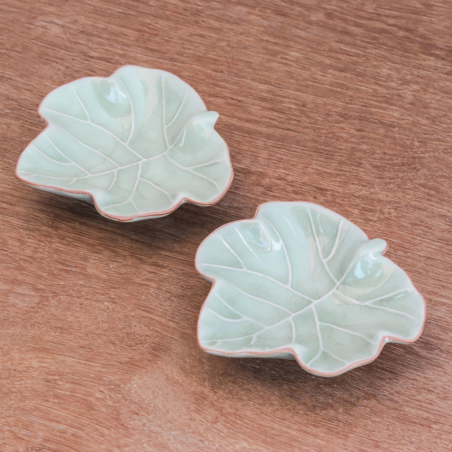 Ivy Gourd Leafy Celadon Ceramic Appetizer Bowls from Thailand (Pair)