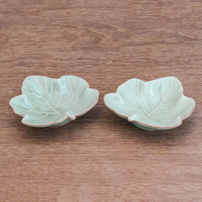Ivy Gourd Leafy Celadon Ceramic Appetizer Bowls from Thailand (Pair)
