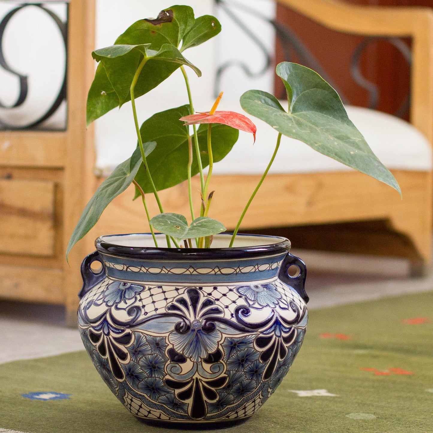 Garden Blues Talavera Style Blue Colorful Floral Ceramic Flowerpot Urn